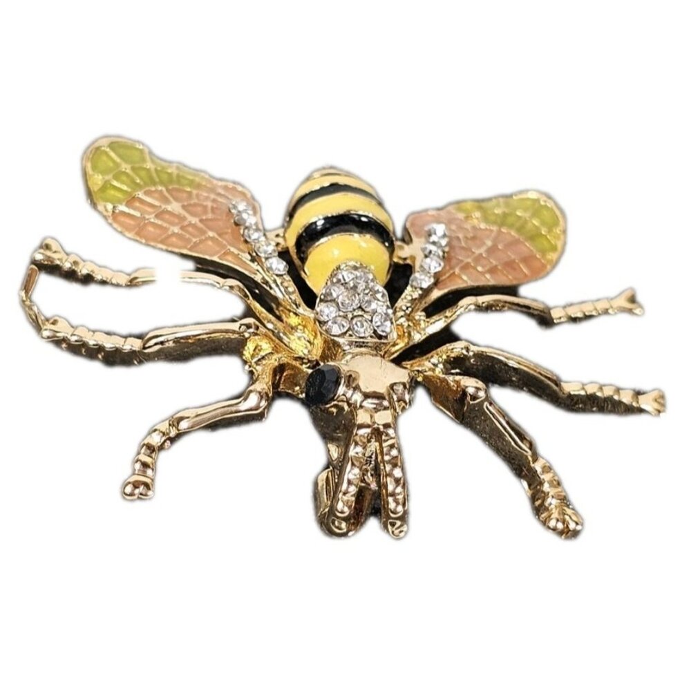Gold Tone Bee Brooch Pin with Rhinestones & Enamel Wings Insect VTG - Picture 4 of 6